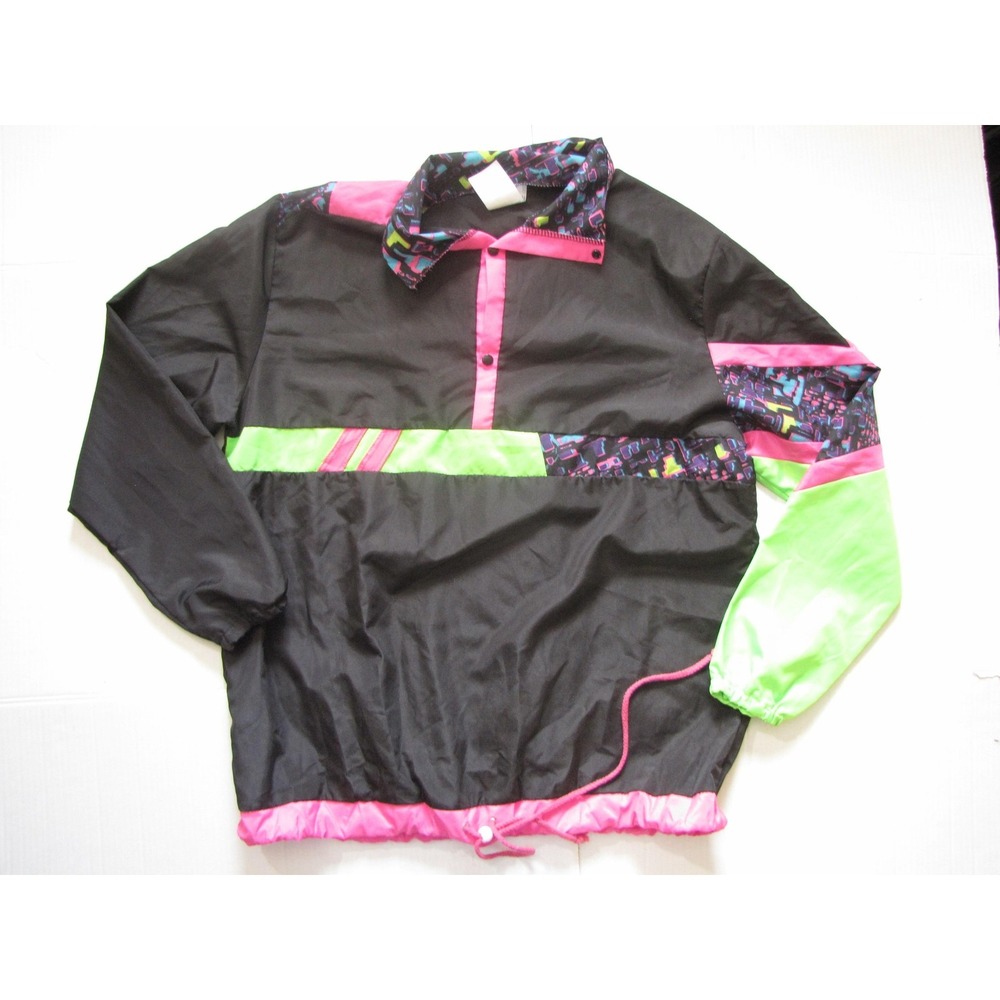 Vintage Spirit Windbreaker Jacket Mens Black Neon Pink Green Pullover 80s 90s